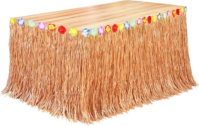 Fovths Luau Grass Table Skirt Natural 9 Feet x 29.5 Inch Hawaiian Table Skirt for Tropical Hawaiian Party Decorations Luau Party Costume, Reddish Golden Brown