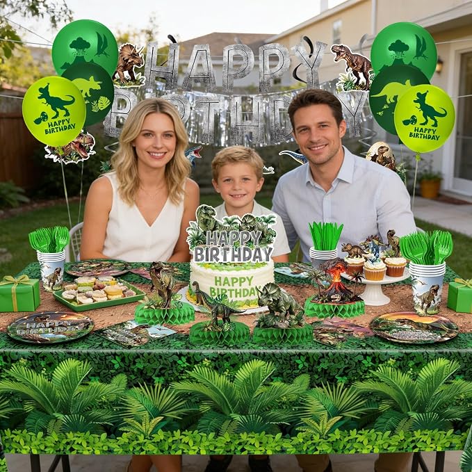Dinosaur Birthday Decorations – Plates, Cups, Napkins, Cutlery, Hanging Swirls, Toppers, Banner, Tablecloths, Balloons, Honeycomb Centerpieces for Three Rex Dinosaur Party Decorations, Serves 20