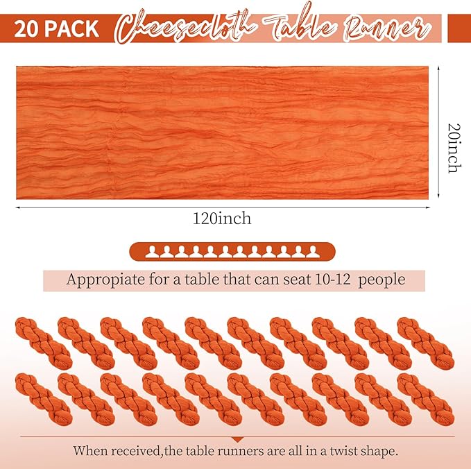 20 Pack Orange Table Runner 10Ft Cheesecloth Table Runner Boho Long Cheese Cloth Table Runners Romantic Sheer Fabric Gauze Table Runners for Wedding Party Bridal Shower