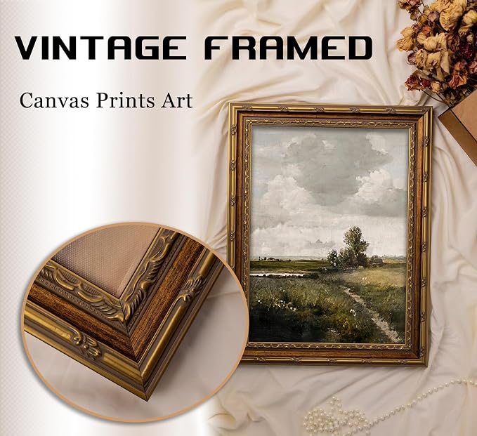 Vintage Gold Framed Rustic Landscape Wall Art Nature Landscape Canvas Wall Decor Cottagecore Poster Artwork Picture for Home Living Bedroom Farmhouse Hallway
