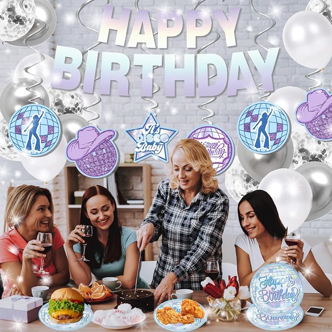 Iridescent disco Birthday Party Decorations - (Total 110pcs) happy birthday Banner, party supplies for her, balloons,disco Decor for 13th 16th 18th 21st 30th 40th 50th