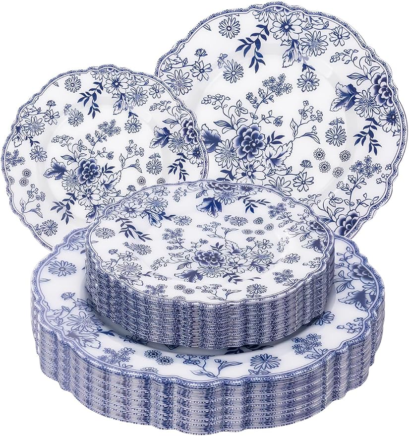 WDF 20PCS Blue and White Plates - Chinoiserie Blue Floral Plates - Baroque Floral Party Decor for Wedding Bridal/Birthdays/Tea Party