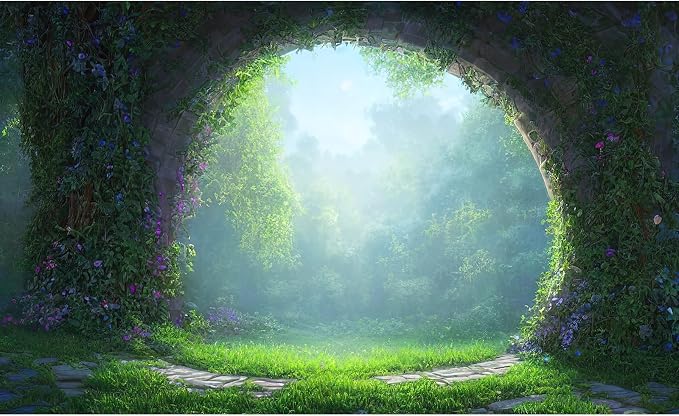 Fantasy Forest Backdrop Magical Fairy-Tale Portal Photography Background Lush Plants Moss and Grass Forest Backdrops Magical Natural Landscape Encounters Decorations Wallpaper Props 10x8ft