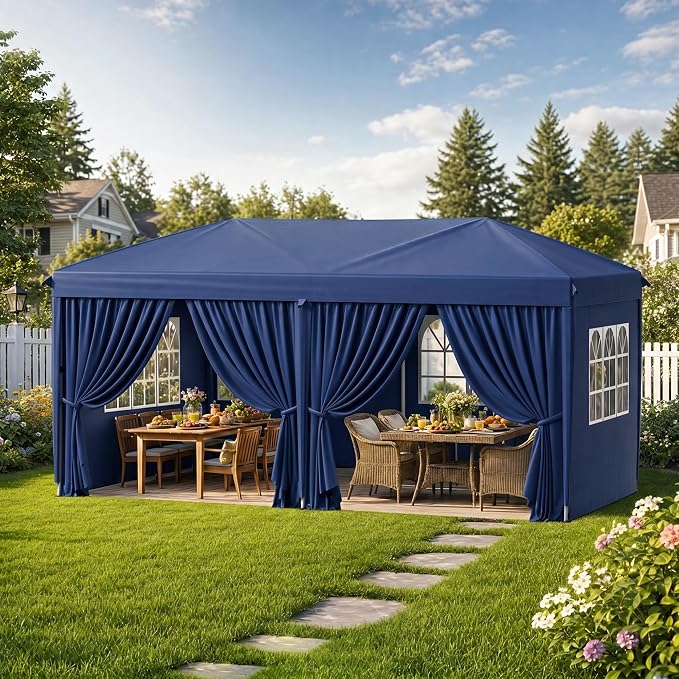 10x20 Pop Up Canopy with Sidewalls, Instant Tent with Carry Bag, Sandbags, Height Adjustable Waterproof Outdoor Canopy, Outdoor Canopy for Events, Camping, Parties (Blue)