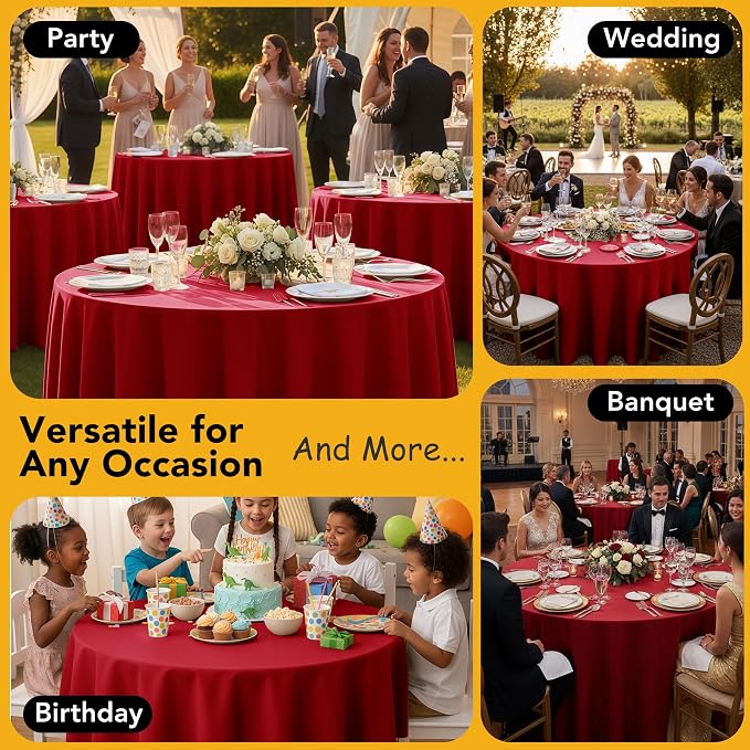 10-Pack Red Round Tablecloths, 90 Inches, Stain-Resistant Polyester for 4-5 Ft Round Tables - Washable Table Covers for Weddings, Banquets, Birthday Parties, Events
