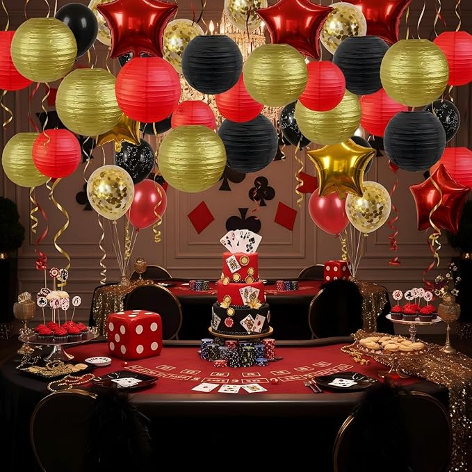 CC wonderland zone 12pcs Red Black and Gold Paper Lanterns,Hanging Paper Lanterns for Casino Theme Birthday Party Decorations
