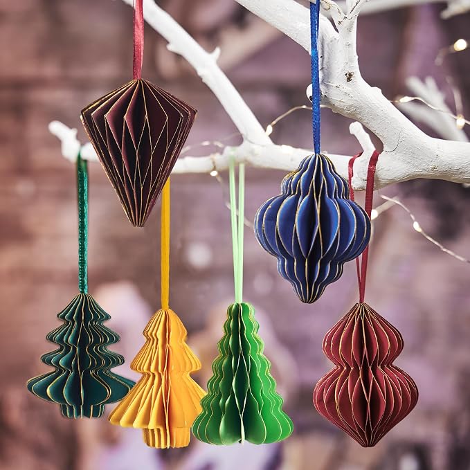 Paper Christmas Tree Ornaments, Red and Green Xmas Party Decorations, 6PCS 3D Mini Glitter Edges Paper Honeycomb Ornaments for Xmas, New Years, Holiday Home Decor