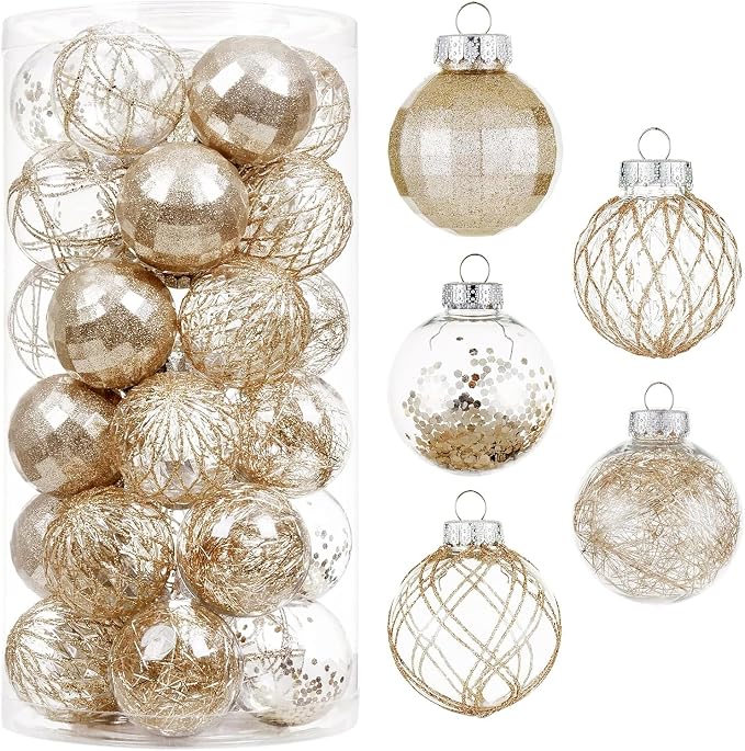 CristBest 30ct Christmas Ball Ornaments-60mm/2.36" Shatterproof Clear Plastic Xmas Balls Baubles Set with Stuffed Delicate Sparkling, Hanging Christmas Tree Decorations(Champagne Gold)