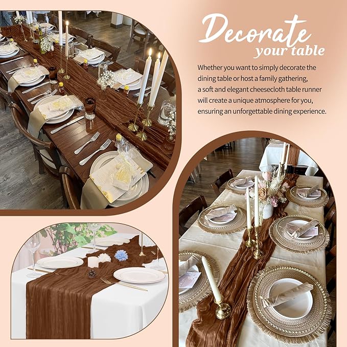6 Pack Cheesecloth Table Runner Brown 10Ft Rustic Boho Gauze Table Runner Romantic Long Sheer Fabric Cheesecloth Table Runner for Wedding Festival Birthday Anniversary Dinner Outdoor Events