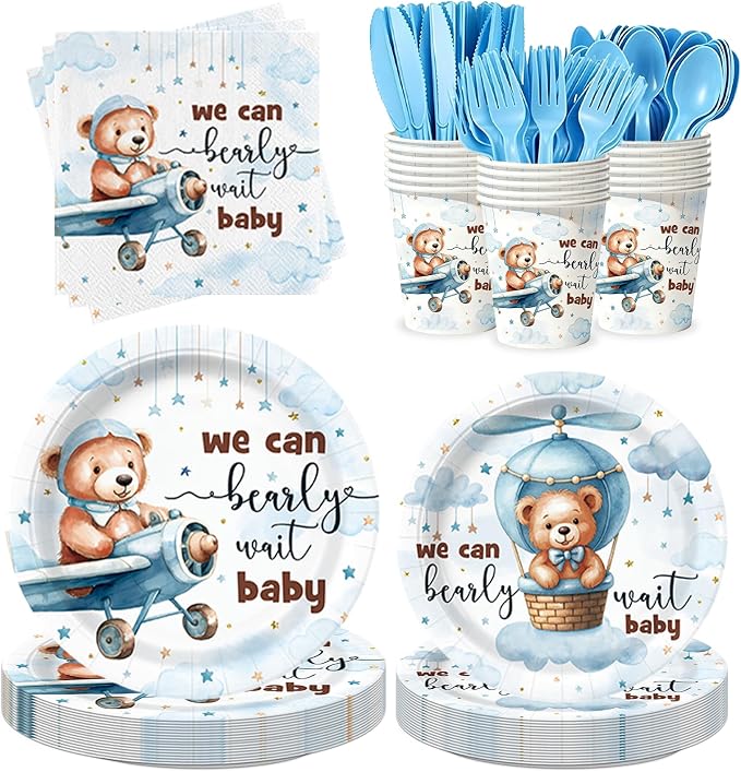 168pcs We Can Bearly Wait Plates Napkins Bear Baby Shower Party Supplies Disposable Tableware Set Teddy Bear Baby Shower Party Decorations Serve 24 Guests