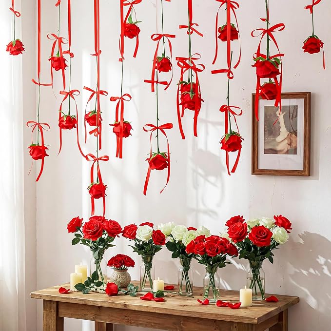 Suncalla 40 Pcs Artificial Rose Flower Hanging Decorations Set DIY Hanging Fake Roses Garlands with Hooks Wedding Party Decorations for Anniversary Background Themed Party(Red)