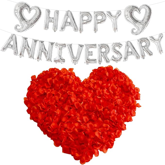 KatchOn, Silver Happy Anniversary Balloons Letters - Huge, 18 Inch | Silver Happy Anniversary Balloon Banner | 1000 Pcs Artificial Red Rose Petals - Silk, Fake Rose Petals for Romantic Night