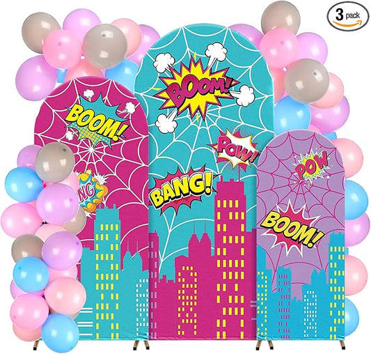 Tudomro 3 Pcs Spider Party Decoration Spider Backdrop Cover with Balloons Pink Purple Blue Spiderweb Backdrop Cover with Explosion Balloons for Girl Spidy Party Supplies Decorations