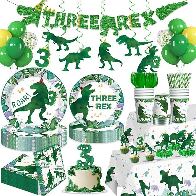 Xynic 209Pcs Three Rex Birthday Decorations Boy, All-in-One Party Supplies Includes Banner, Candle, Balloons, Plates and Napkins, Easy Setup Dinosaur 3rd Birthday, Serves 25