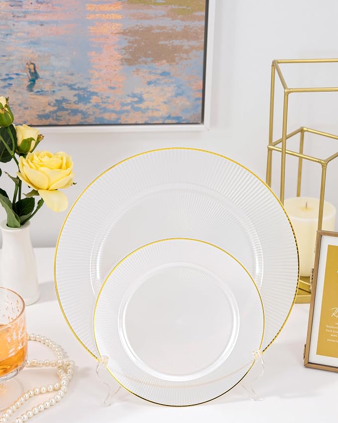 Hioasis 60pcs White and Gold Plastic Plates - White Disposable Dinnerware Set, 30pcs Dinner 10in & 30pcs Dessert 7in Plates with Striped Designs for Party & Wedding