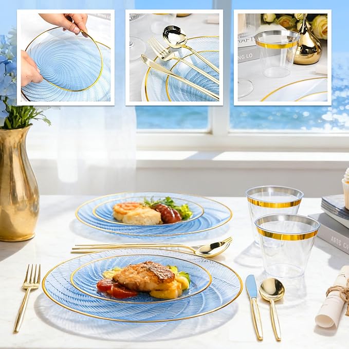 N9R 180 PCS Disposable Dinnerware Set with Gold Rim Blue Plastic Plates for 30 Guests, Include 30 Dinner Plates, 30 Dessert Plates, 30 Cups, 90 Heavy Duty Gold Plastic Silverware for Party & Wedding