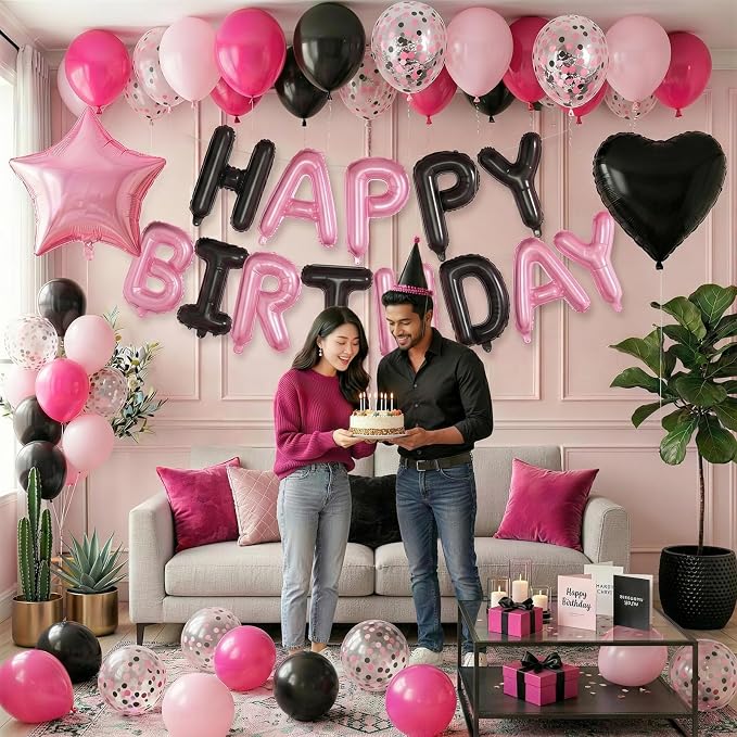 Pink and Black Birthday Decorations for Girls Women Hot Light Baby Pink Black Balloons Confetti Party Balloon Happy Birthday Banner Heart Balloons 18/10 Inch Star Balloon for Bday Party Supplies