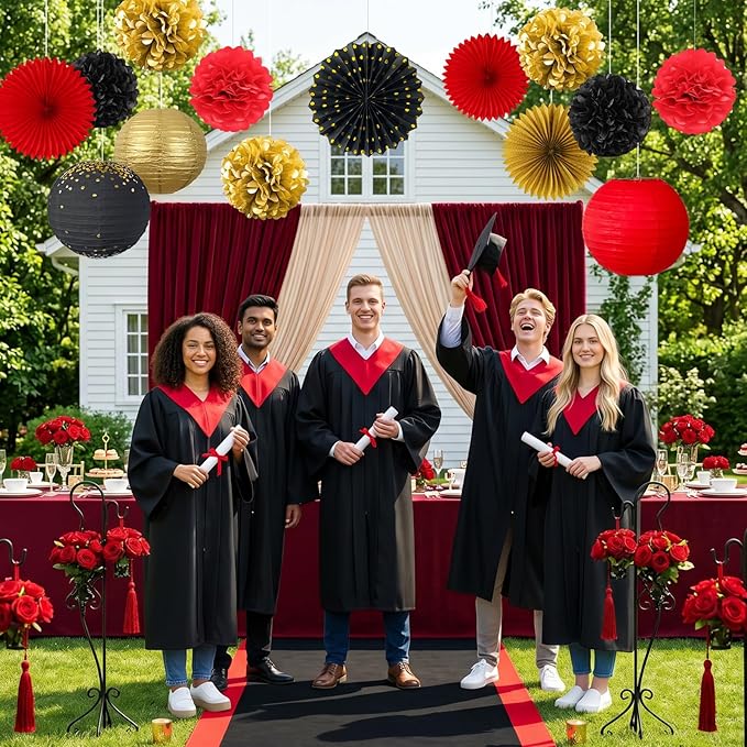 ADLKGG Red Black Gold Party Decorations, 14 Pcs Hanging Paper Fans, Lanterns, Pom Poms - Elegant Backdrop for Casino Night, Graduation 2026, Birthday, Hollywood Theme Party, Game Night