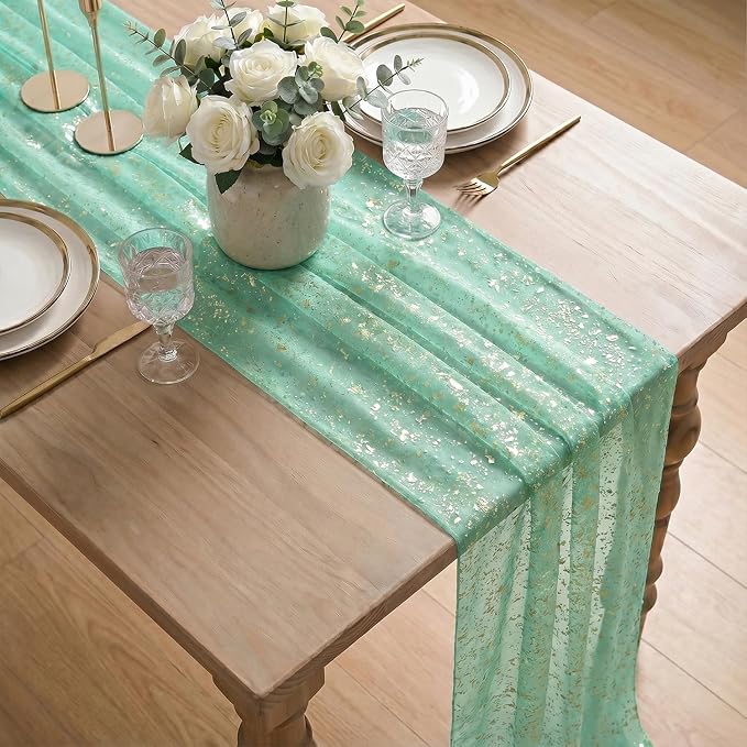 Artoid Mode 3Pcs Turquoise Gauze Gold Table Runner 10FT, Glitter Metallic Foil Sheer Dining Wedding Anniversary Holiday Table Decor for Home Party