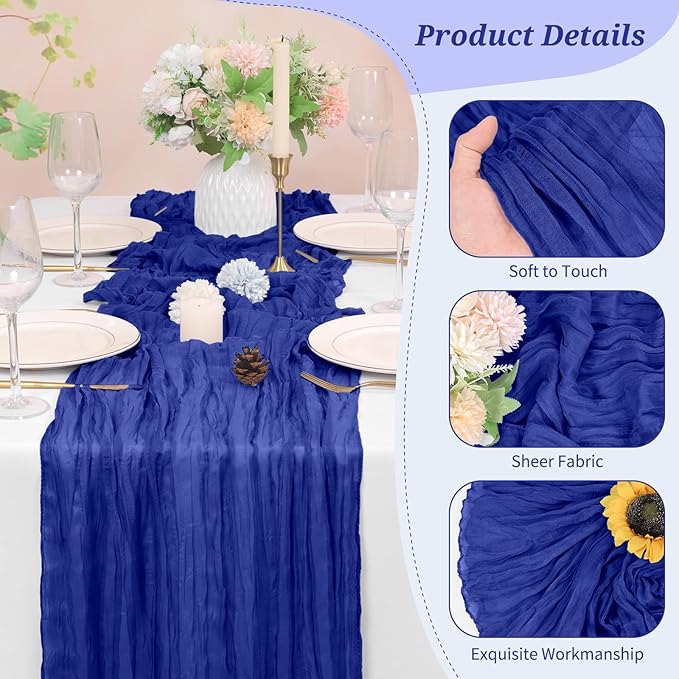 10 Pack Cheesecloth Table Runner Royal Blue, Rustic Boho Gauze Fabric Table Runner Romantic Table Runner for Wedding, Festival, Birthday, Anniversary, Dinner and Outdoor Events (17.7 x 108 inch)