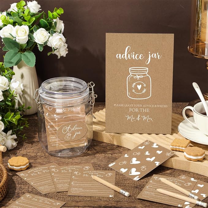Jetec 74 Pcs Advice and Wishes for the Mr and Mrs 60 Pcs Wedding Advice Cards Advice and Wishes Jar Box Bridal Shower Advice and Wishes Cards for Bride and Groom Bridal Shower Decor(Kraft Style)