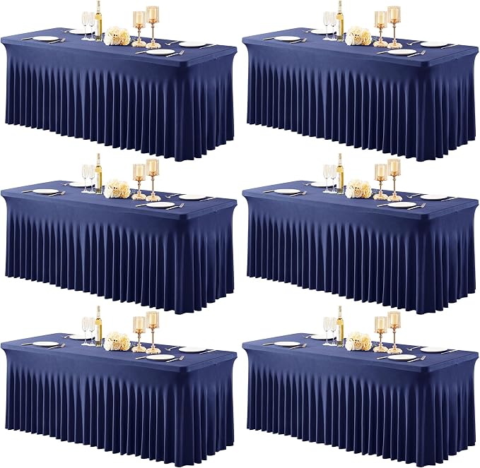 6 Packs Navy Blue Spandex Tableclothes for 6 Foot Rectangle Table, Spandex Table Covers 6FT Stretch Table Skirts Rectangle Wrinkle Free Fitted Tablecover for Event, Wedding, Banquet & Parties