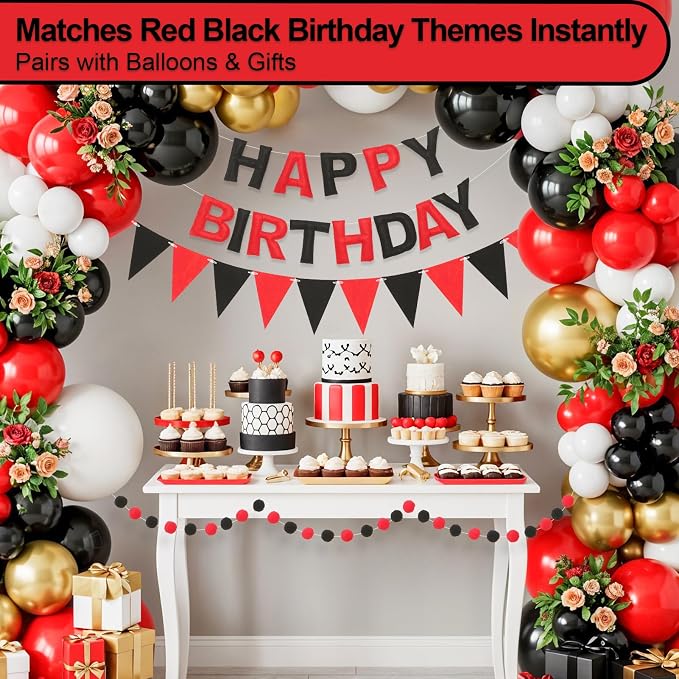Pre-Strung Happy Birthday Banner & Felt Garland Set - Red & Black Birthday Decorations for Women Men Boys Girls | Reusable Party Supplies for Indoor & Outdoor