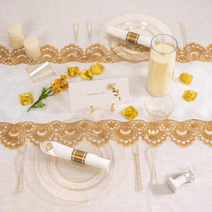 realluck 350 Piece Gold Glitter Plastic Dinnerware Set for 50 Guests, Disposable Plates for Party, Include: 50 Dinner Plates, 50 Dessert Plates, 50 Rolled Napkins with Silverware, 50 Cups
