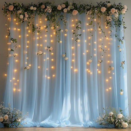 Baby Blue Tulle Backdrop Curtain with Lights - 10x10ft Sheer Backdrop with 300 LEDs for Wedding, Baby Shower, Bridal Shower, Birthday Party Photo Shoot Background and Home Decorations