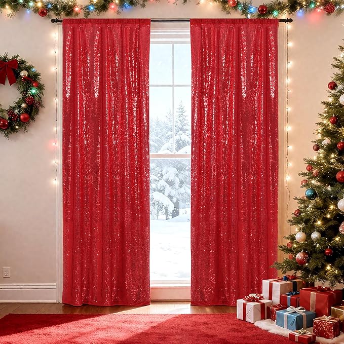 SquarePie 2 PCS 2x8ft Red Sequin Backdrop Curtains, Satin-Backed Shimmering Photo Booth Background, 2 Panels Narrow Real Sequin Drapes with 4" Rod Pocket for Party, Baby Shower, Doorway Decor