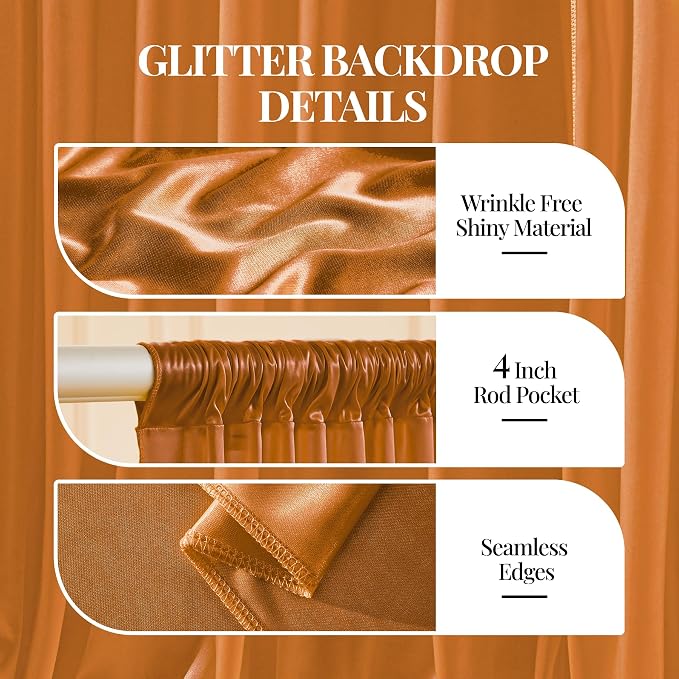 30x10ft Rust Orange Glitter Backdrop Curtain for Parties, Wrinkle Free Satin Photo Backdrop Drapes 6 Panels 5x10FT Shimmer Back Drop Cloth for Wedding Birthday Baby Shower Photography Background Decor