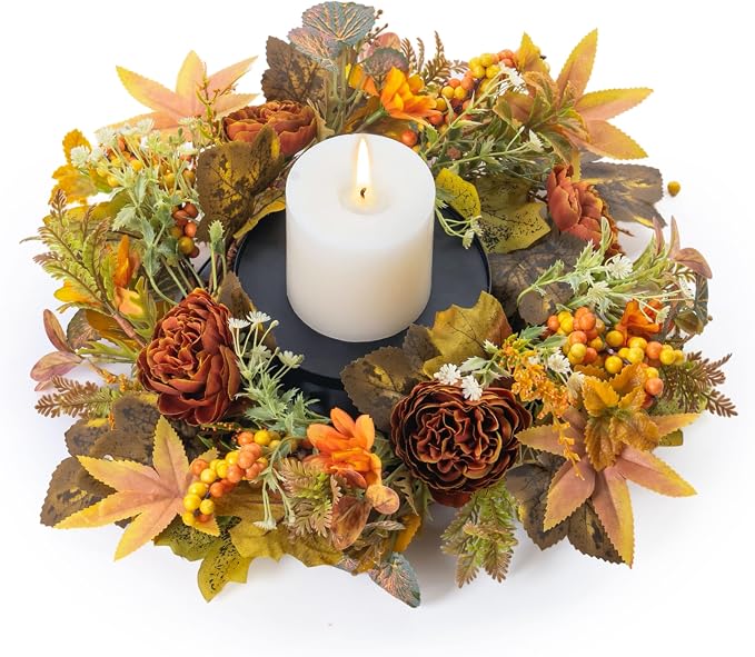 MOYEE Autumn Centerpieces for Tables Candle Ring, Black Metal Candlestick with an Artificial Wreaths 14 in Versatile Dining Table Centerpiece Decor (Austin Rose Wreath)