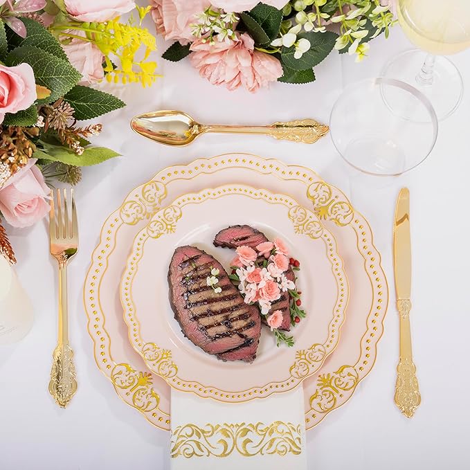 Ciaell 175 PCS Pink and Gold Plastic Plates - Fancy Gold Disposable Dinnerware Set with of 50 Plates, 25 Knives, 25 Forks, 25 Spoons, 25 Cups, 25 Napkins for Party & Weddings & Mother's Day