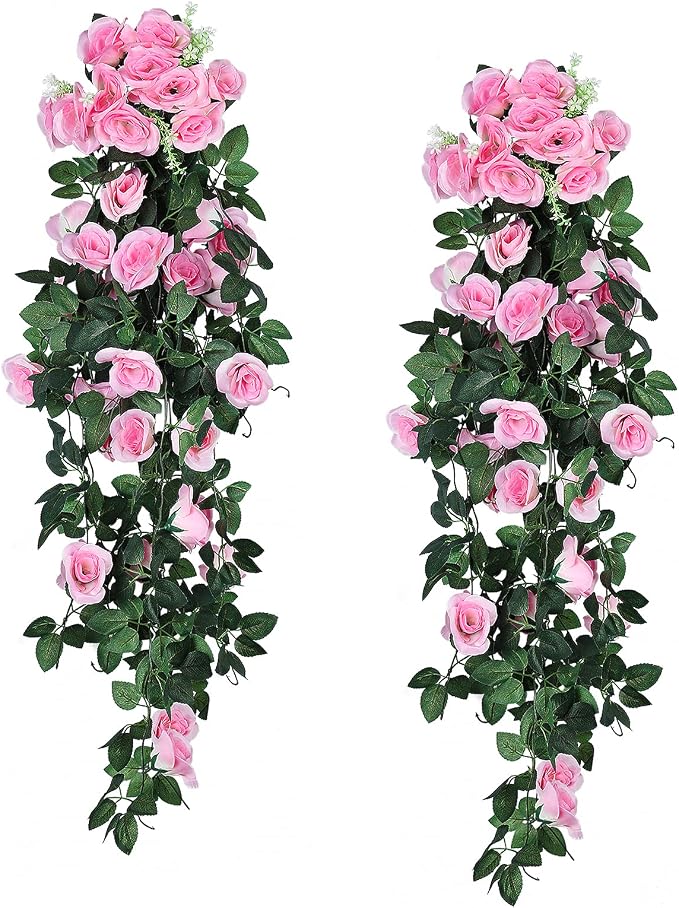 RECUTMS Artificial Pink Roses Fake Hanging Flower Plants, 2PCS 37 Inch Silk Floral Ivy Garlands for Outdoors Home Room Garden Wedding Bridal Shower Friendship Valentine’s Day Indoor Party Decoration