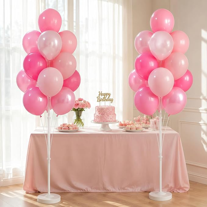 2 Sets Champagne Gold Balloon Stand Kit-Balloon Column Holder with Metallic Rose Balloons for Birthday, Wedding,Baby Shower,Graduation,Anniversary Party Decorations Centerpiece（Blossom Pink）
