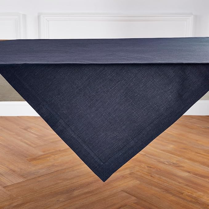 Solino Home Linen Square Tablecloth 52 x 52 Inch - 100% Pure Linen Chambray Navy Table Throw - Athena, Machine Washable Tablecloth for Summer