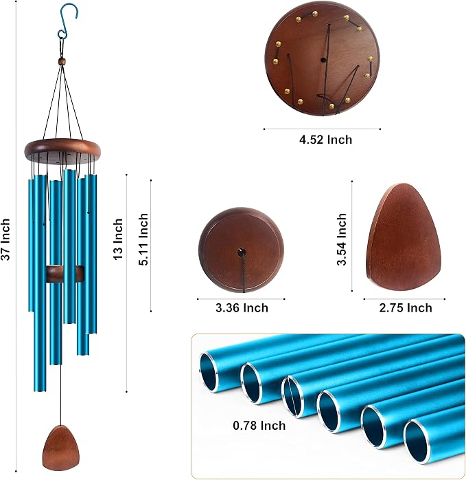 Bursvik Large Aluminium Wind Chimes 37 Inches to Create a Zen Atmosphere Suitable for Outdoor, Garden, Patio Decoration. Classic Wind Chimes with Wind Catcher Suitable as A Gift for Unisex(Blue)