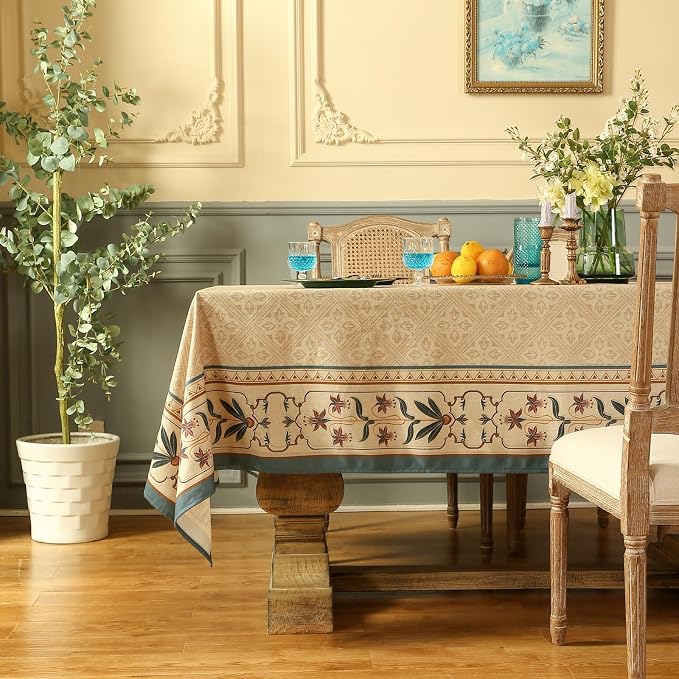 patdrea Designer French Linen Tablecloth,Rectangular,110"x63"-Fram | Elegant Durable Large Table Cloth for Rectangle Table,Vintage Block Print,for Dining Room Tea Party Thanksgiving,Beige