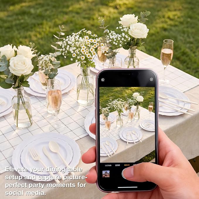 Tinybee 150PCS Ivory Plastic Silverware - Heavy Duty Disposable Silverware, Luxury Ivory Plastic Utensils - Elegant Disposable Utensil Include 50 Knives, 50 Forks, 50 Spoons Perfect for Party&Wedding