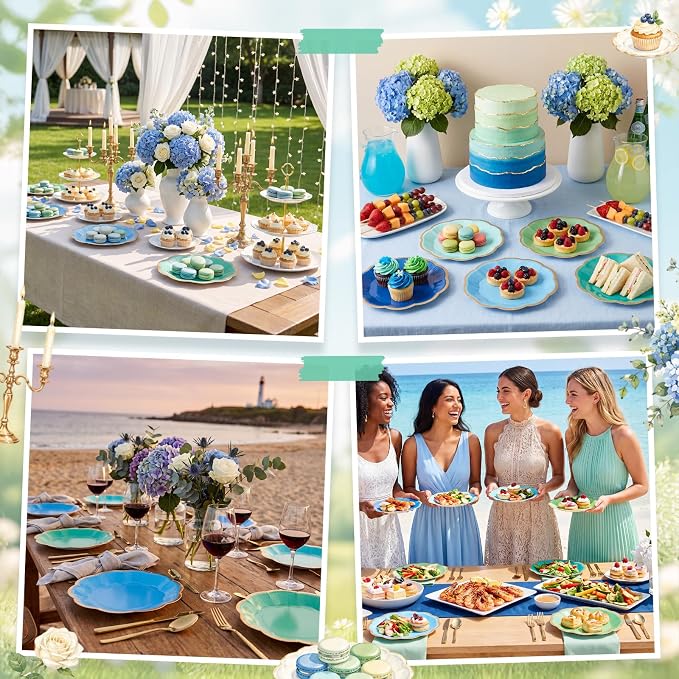 72 Pcs Teal Blue and Green Color Paper Plates 9 Inch Gradient Scalloped Paper Disposable Dinner Dessert Plates for Summer Beach Ocean Birthday Wedding Bridal Party Supplies