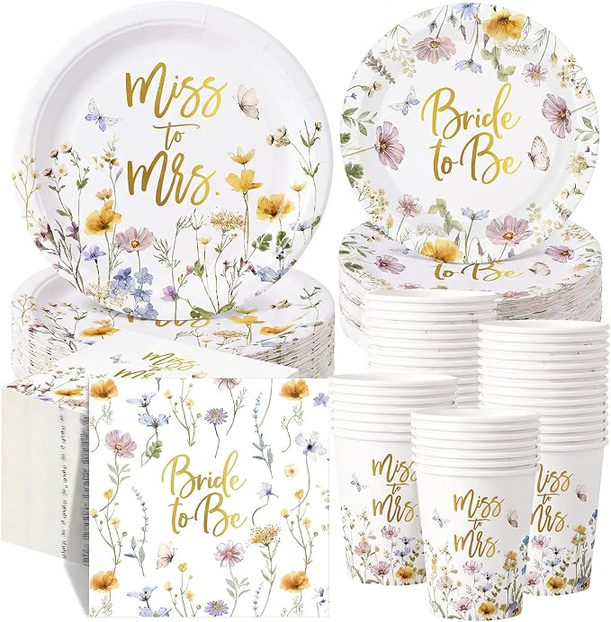 Pickmesh 250 Pcs Wildflower Bridal Shower Decorations Floral Miss to Mrs Plates and Napkins Sets Bride to Be Disposable Paper Tableware Set for Wedding, Engagement, Bachelorette Party, Serves 50