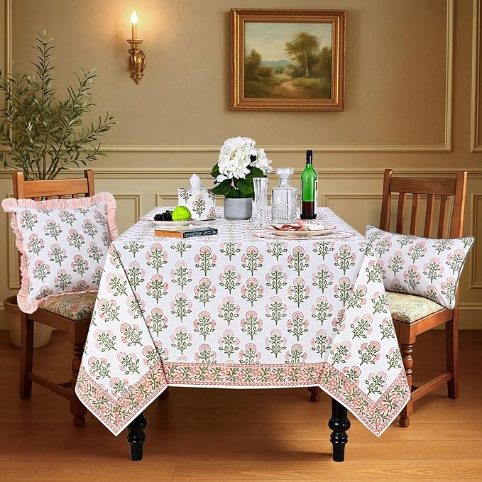 Ridhi Mughal Buta Peach Hand Block Print Cotton Rectangle Tablecloth 120" x 80" inches Reusable Table Cover Decorative Everyday Use for Dining Room, Farmhouse, Home Gift for Spring, Mother's Day
