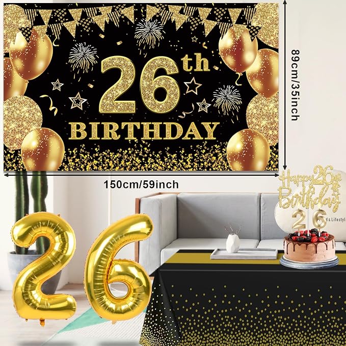 26th Birthday Decorations Men Women with 26th Birthday Banner, Black and Gold Table Cloth, Number Balloons, Large Sash, Cake Topper and Candles