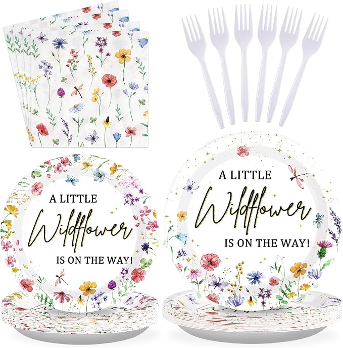 96PCS Wildflower Baby Shower Decorations Little Wildflowers Party Plates Disposable A Little Wildflower Is On The Way Paper Tableware for Girl Baby Shower Spring Summer Party Supplies, Serves 24
