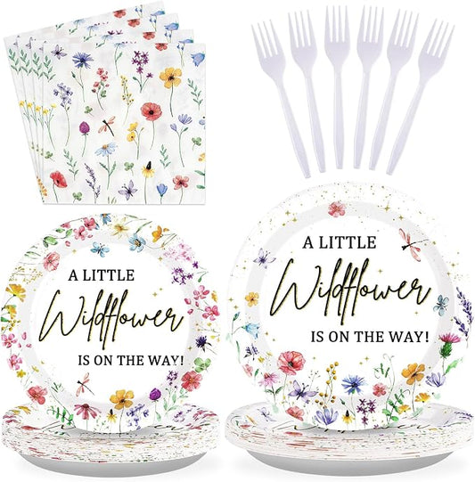 96PCS Wildflower Baby Shower Decorations Little Wildflowers Party Plates Disposable A Little Wildflower Is On The Way Paper Tableware for Girl Baby Shower Spring Summer Party Supplies, Serves 24