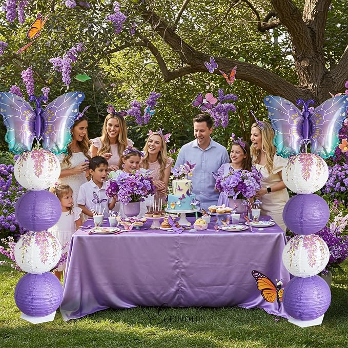 Purple Butterfly Balloon Column Stand Kit And Paper Lantern 2 Sets 5.7 Feet with Reusable Metal Telescopic Design for Butterfly Parties, Birthday Decorations,Wedding