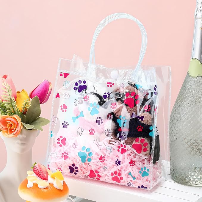 Supervitae 36 Pcs Colorful Dog Paw Bone Print Clear Favor Bags with Handle Reusable Plastic PVC Puppy Gift Bag Goodies Treats Totes for Pet Birthday Christmas Party Supplies, 8 x 8 x 3.15 Inch