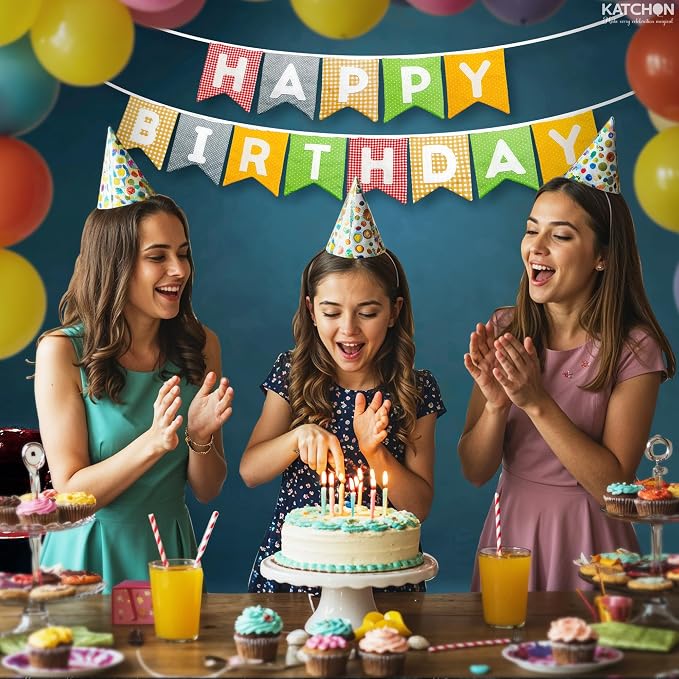 KatchOn, Colorfull Fabric Happy Birthday Banner – Pre-Strung, 10 Feet | Happy Birthday Sign for Birthday Party Decorations for Women, Men | Happy Birthday Sign Backdrop for Happy Birthday Decorations