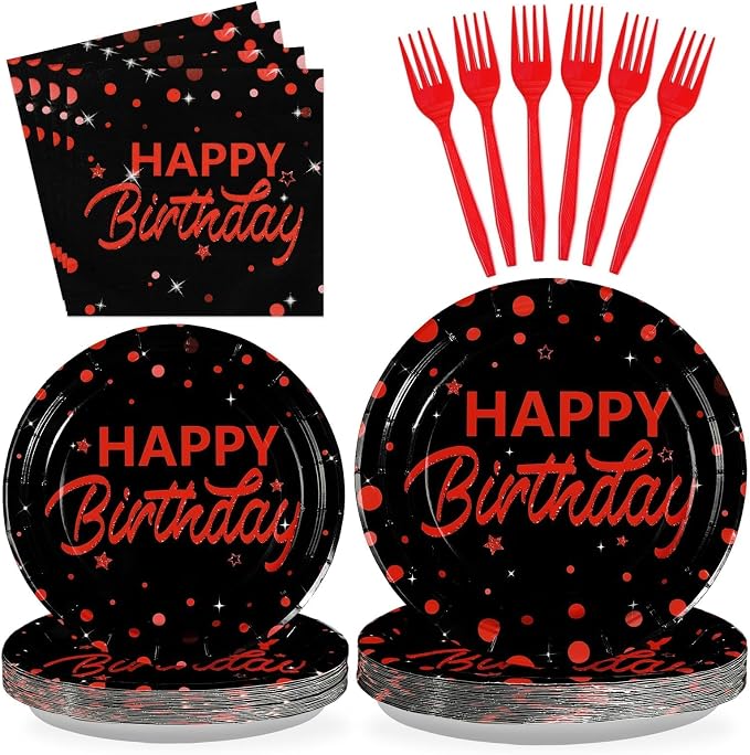 Grencian 96Pcs Red and Black Birthday Party Decorations Red Polka Dots on Black Paper Plates and Napkins Disposable Dessert Tableware for Men Women Birthday Party Decorations 2026 Serves 24