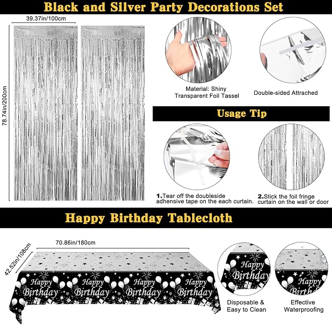 Black Silver Birthday Party Decorations for Men Women, Party Decorations Kit with Black Happy Birthday Banner, Star Balloon, Silver Fringe Curtain, Hanging Swirls for DIY Theme Bday Party